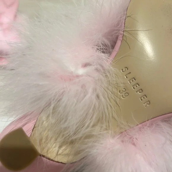 Sleeper Manon Pink Leather Feather Mules Square Toe - Picture 6 of 6